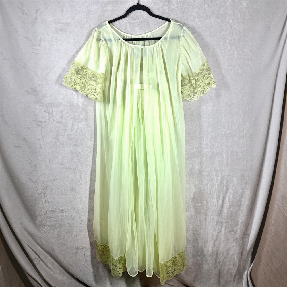 Vintage 60s Chiffon Peignor Set Robe Nightgown Size 36 Sheer Nylon Lace Lingerie